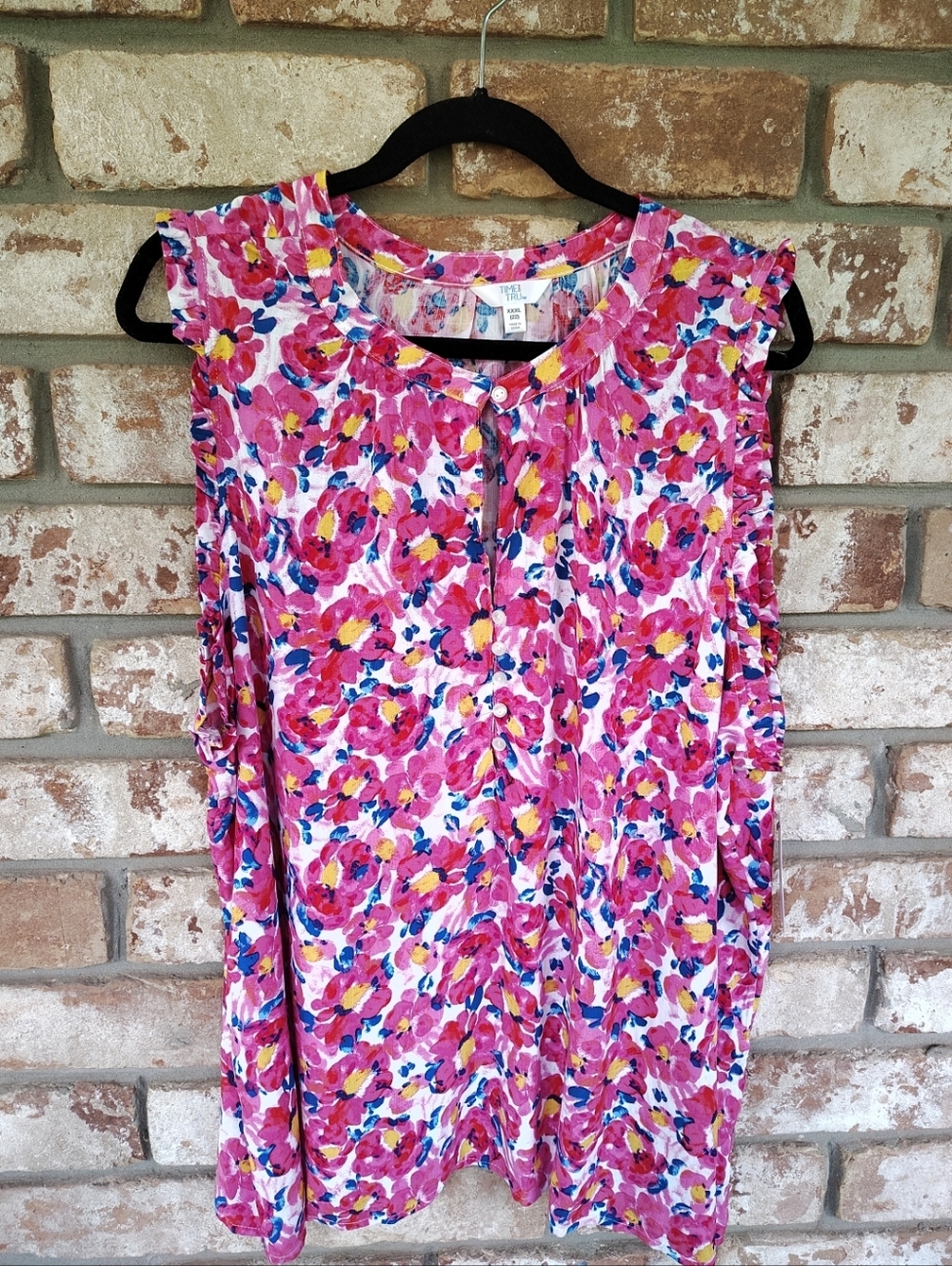 Time & Tru NWT Women's Pink Floral Ruffle Sleeve Tank Top Sz XXL (22) Summer - Picture 2 of 9